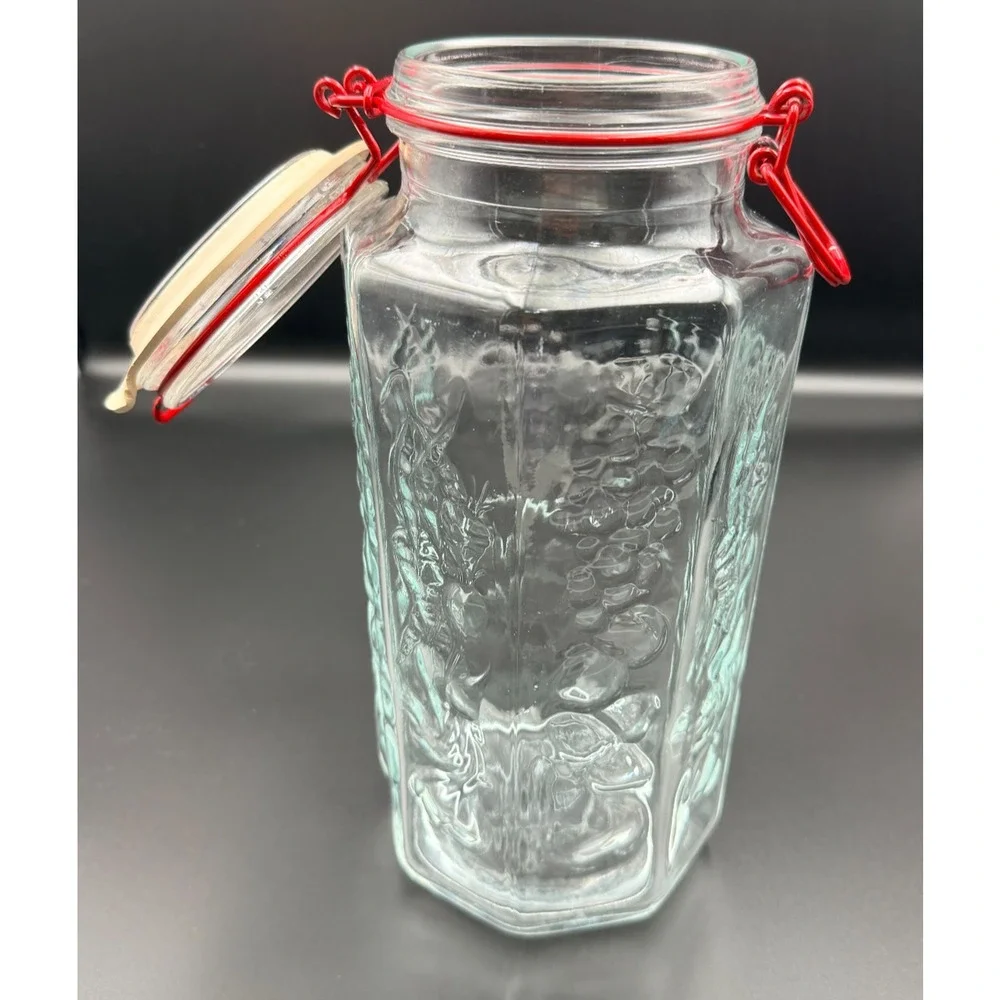 Vintage Glass Storage Jar Octagon Embossed Fruits Vegetable France Red Wire Bale